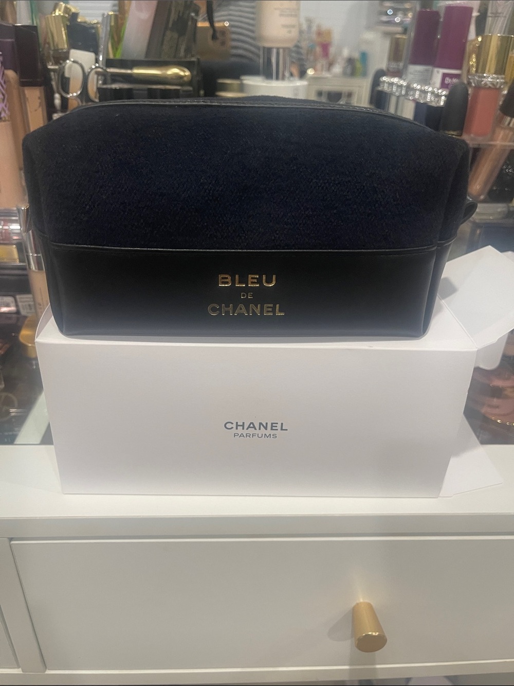 CHANEL BLEU Black Suede and Leather Cosmetic Pouch New in box